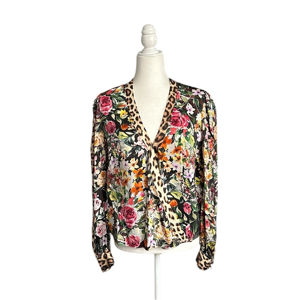 Generation Love blouse tan red & black floral animal print faux wrap over size S